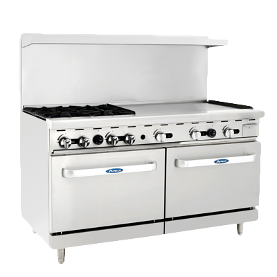 Atosa: AGR-4B36GR – 60” Range. 4-Burners and 36” Griddle on the right with two 26” 1/2 Wide Ovens