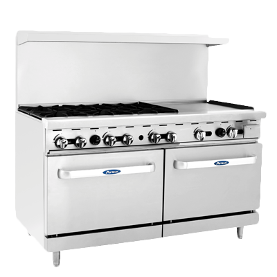 Atosa: AGR-6B24GR – 60” Range 6-burners and 24” griddle on the right with two 26” 1/2 wide ovens